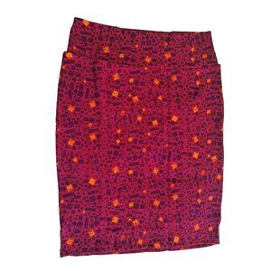 LuLaRoe L Cassie Pull-On Skirt cranberry ground purple/blue/gold/orange squares
